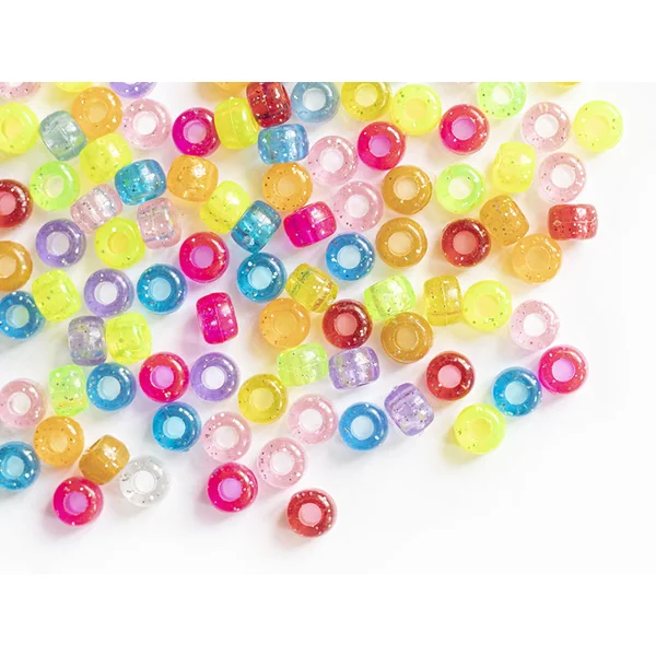 100 perles en plastiques basiques pour enfants - multicolore à paillettes - 9x6 mm