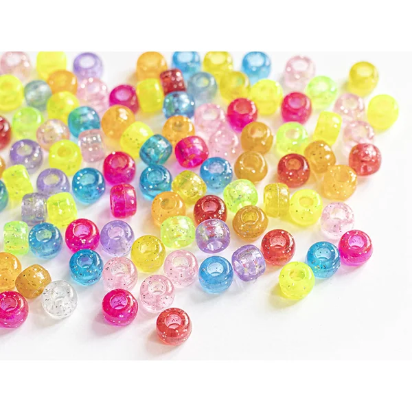 100 perles en plastiques basiques pour enfants - multicolore à paillettes - 9x6 mm