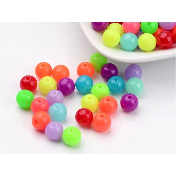 100 perles en plastiques rondes - multicolore fluo - 8 mm