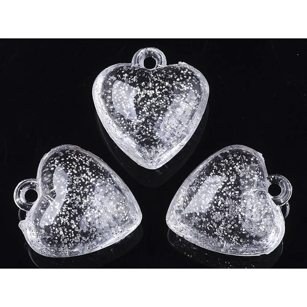 10 perles en plastique - coeur transparents à paillettes - 22 mm