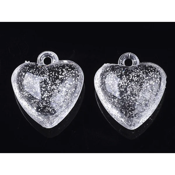10 perles en plastique - coeur transparents à paillettes - 22 mm