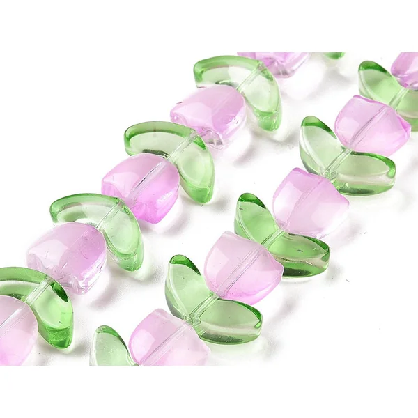 14 perles en verre - Tulipe rose - 15 x 15 mm