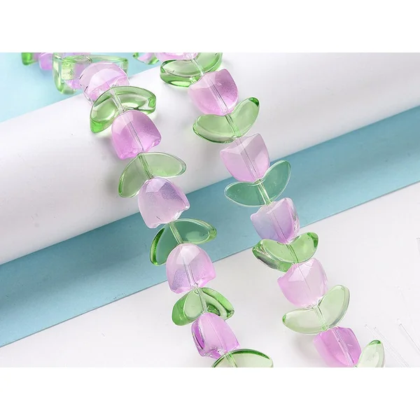 14 perles en verre - Tulipe rose - 15 x 15 mm