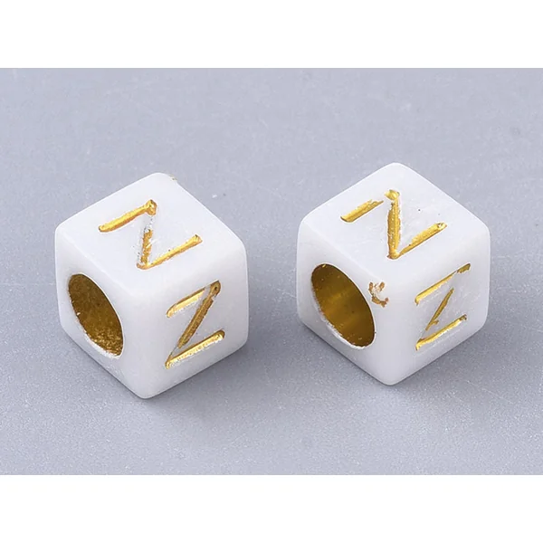 200 mini perles carrées - cubes en plastique - lettres alphabet - blanc et doré - 4,5 mm