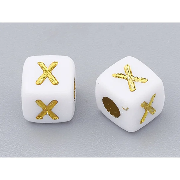 200 mini perles carrées - cubes en plastique - lettres alphabet - blanc et doré - 4,5 mm
