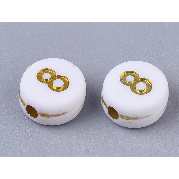 200 perles rondes en plastique - chiffres - blanches et dorées