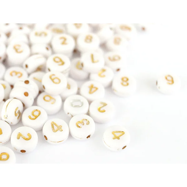 200 perles rondes en plastique - chiffres - blanches et dorées