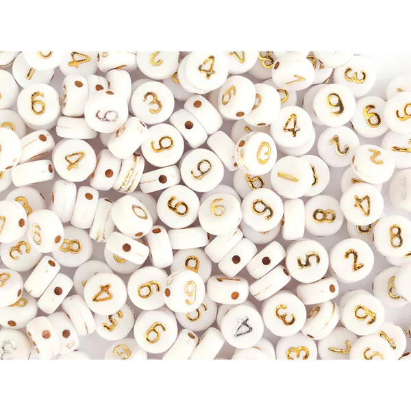 200 perles rondes en plastique - chiffres - blanches et dorées