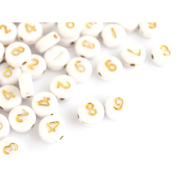 200 perles rondes en plastique - chiffres - blanches et dorées