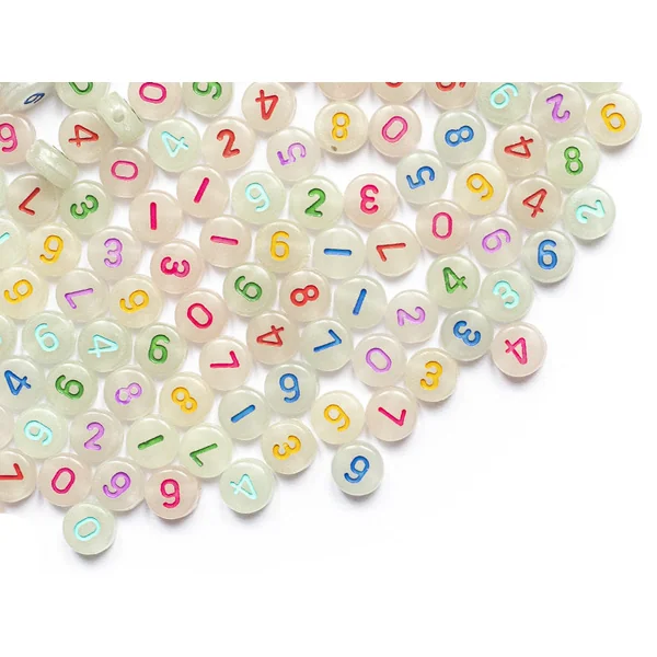 200 perles rondes en plastique - chiffres et numéros - phosphorescent et multicolore - 7 mm