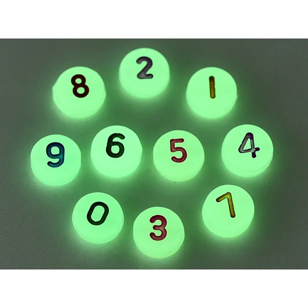 200 perles rondes en plastique - chiffres et numéros - phosphorescent et multicolore - 7 mm