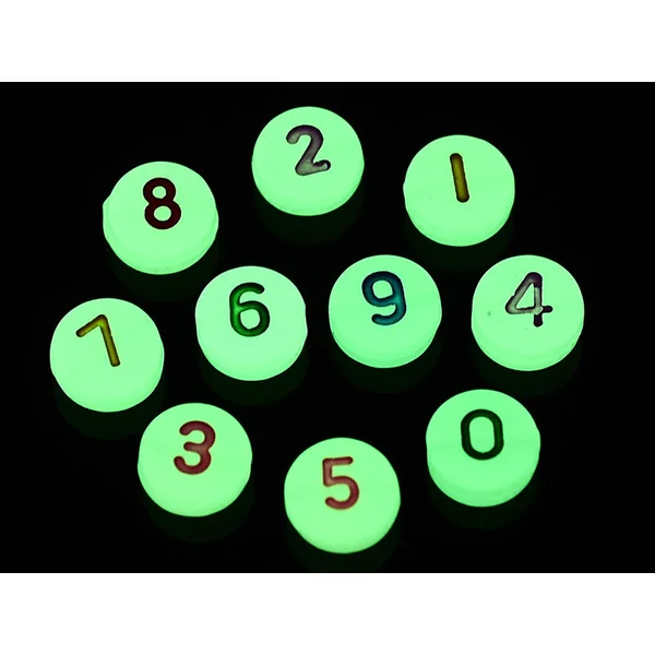 200 perles rondes en plastique - chiffres et numéros - phosphorescent et multicolore - 7 mm