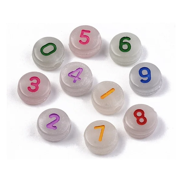 200 perles rondes en plastique - chiffres et numéros - phosphorescent et multicolore - 7 mm