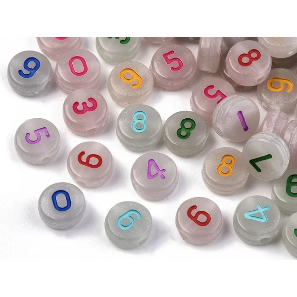 200 perles rondes en plastique - chiffres et numéros - phosphorescent et multicolore - 7 mm