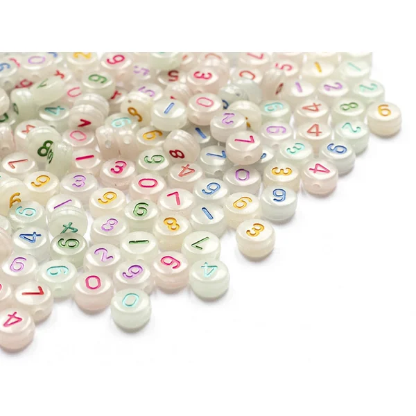 200 perles rondes en plastique - chiffres et numéros - phosphorescent et multicolore - 7 mm