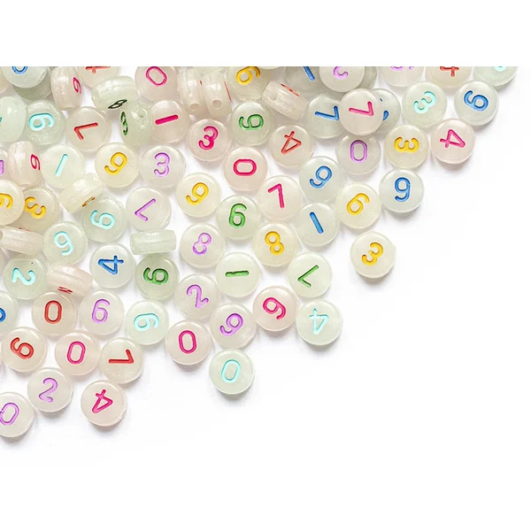 200 perles rondes en plastique - chiffres et numéros - phosphorescent et multicolore - 7 mm
