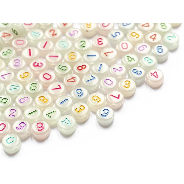 200 perles rondes en plastique - chiffres et numéros - phosphorescent et multicolore - 7 mm
