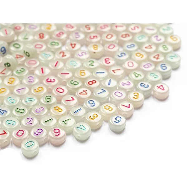 200 perles rondes en plastique - chiffres et numéros - phosphorescent et multicolore - 7 mm