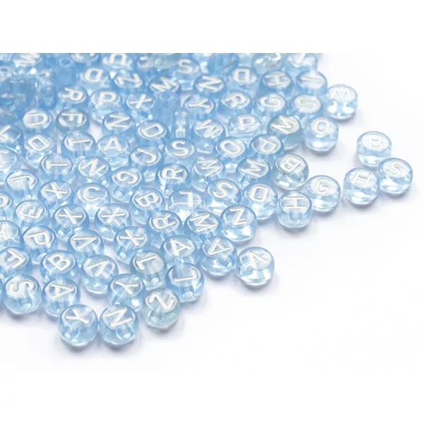 200 perles rondes en plastique - lettres alphabet - bleu claur transparent - 7 mm