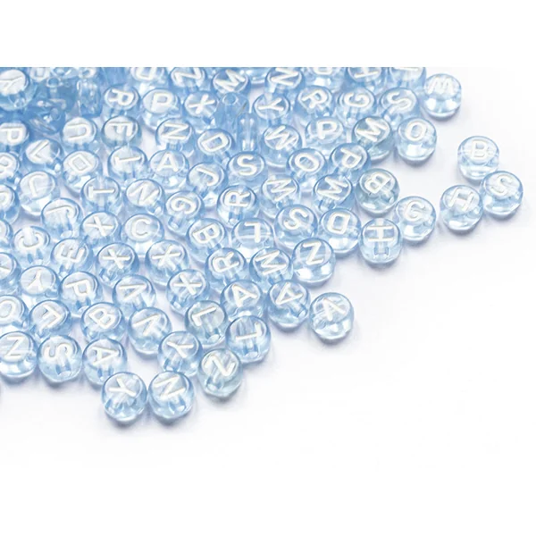 200 perles rondes en plastique - lettres alphabet - bleu claur transparent - 7 mm