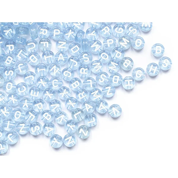 200 perles rondes en plastique - lettres alphabet - bleu claur transparent - 7 mm
