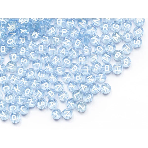 200 perles rondes en plastique - lettres alphabet - bleu claur transparent - 7 mm