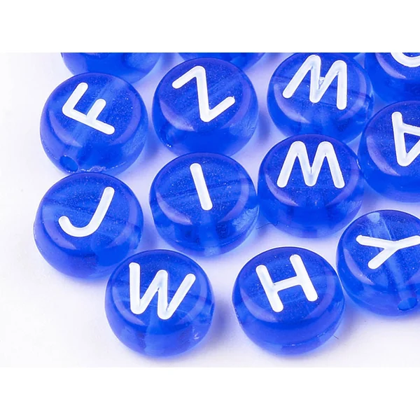 200 perles rondes en plastique - lettres alphabet - bleu roi transparent - 7 mm