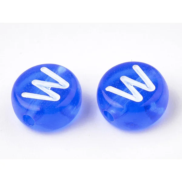 200 perles rondes en plastique - lettres alphabet - bleu roi transparent - 7 mm