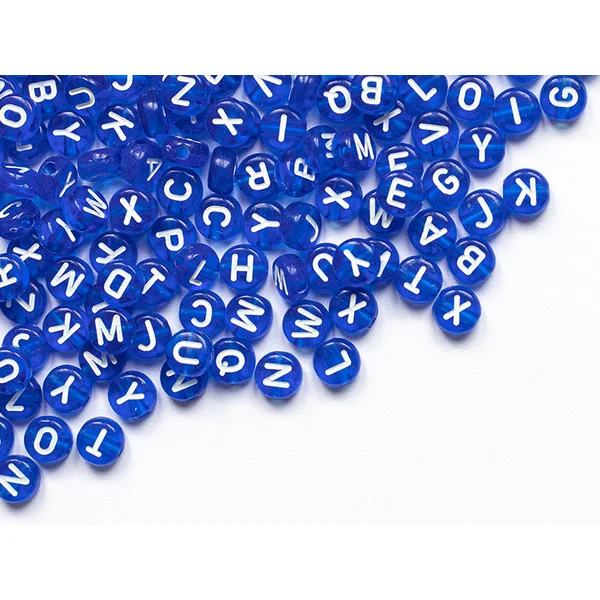 200 perles rondes en plastique - lettres alphabet - bleu roi transparent - 7 mm