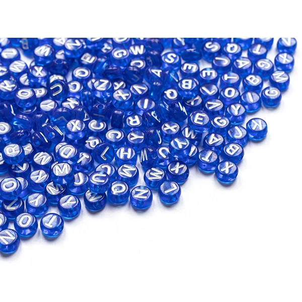 200 perles rondes en plastique - lettres alphabet - bleu roi transparent - 7 mm