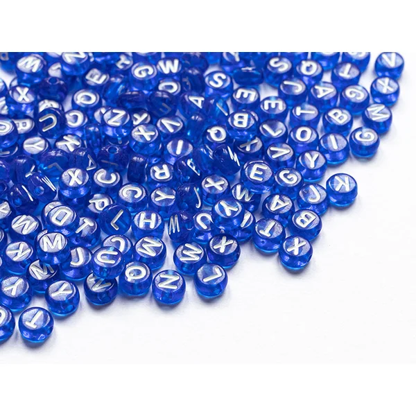 200 perles rondes en plastique - lettres alphabet - bleu roi transparent - 7 mm