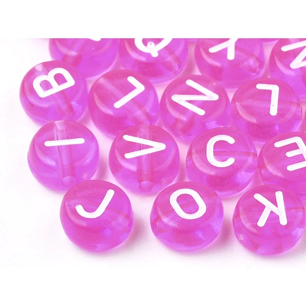 200 perles rondes en plastique transparent - lettres alphabet - rose fuschia - 7 mm