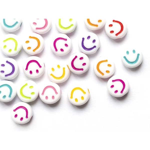 20 perles en plastique rondes symbole sourire - blanc et multicolore - 10 mm