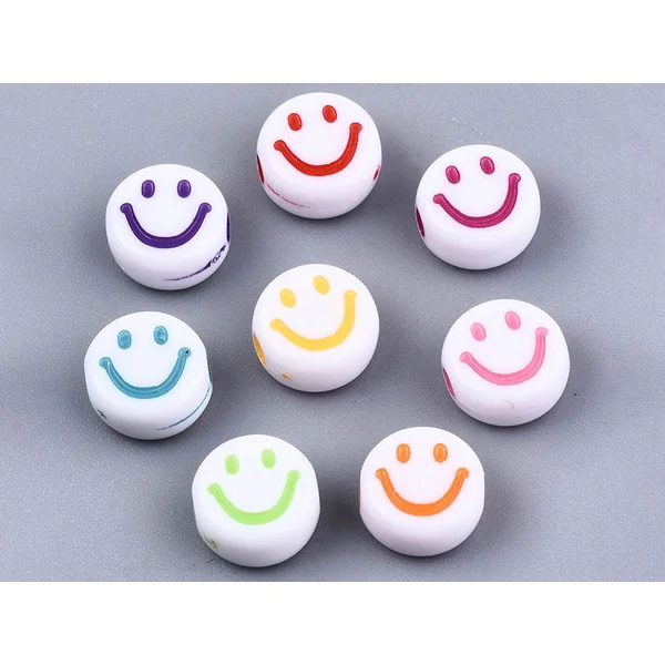20 perles en plastique rondes symbole sourire - blanc et multicolore - 10 mm
