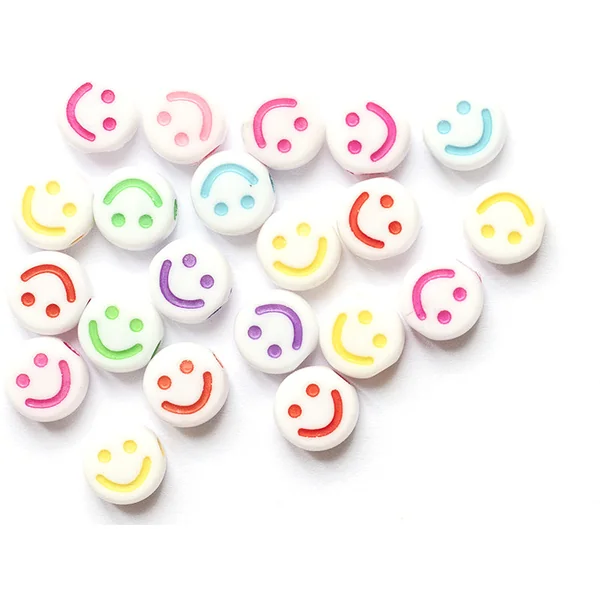 20 perles en plastique rondes symbole sourire - blanc et multicolore - 10 mm