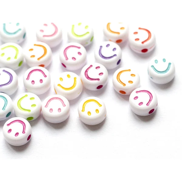 20 perles en plastique rondes symbole sourire - blanc et multicolore - 10 mm