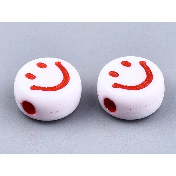 20 perles en plastique rondes symbole sourire - blanc et multicolore - 10 mm