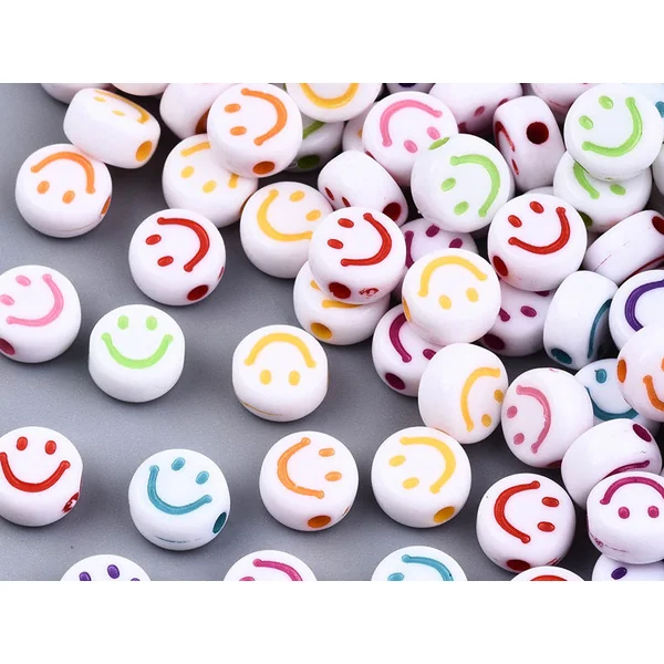 20 perles en plastique rondes symbole sourire - blanc et multicolore - 10 mm