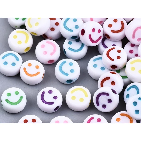 20 perles en plastique rondes symbole sourire - blanc et multicolore - 10 mm