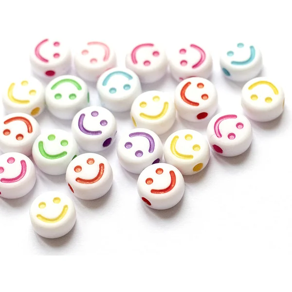 20 perles en plastique rondes symbole sourire - blanc et multicolore - 10 mm