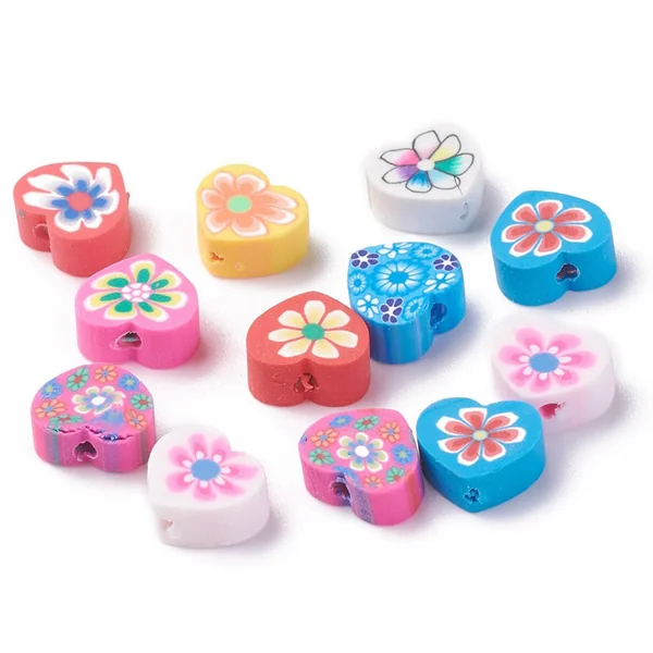 20 perles en pâte polymère - cœurs effet millefiori - multicolore