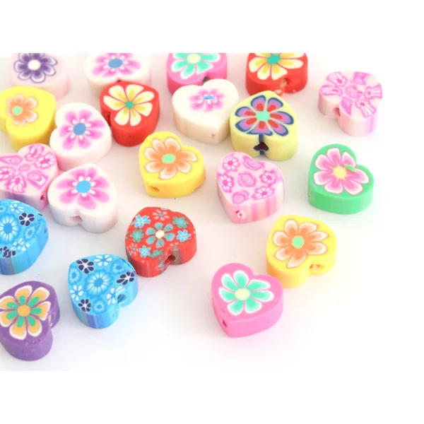 20 perles en pâte polymère - cœurs effet millefiori - multicolore