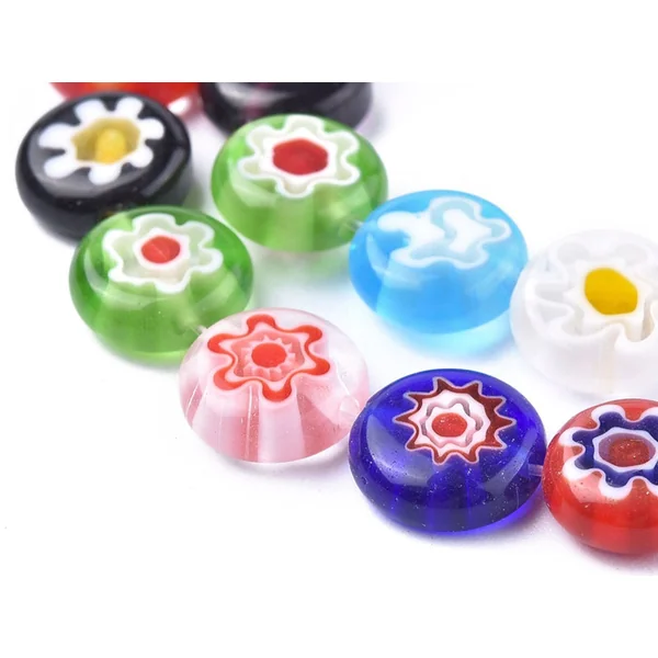 20 perles millefiori en verre - rond plat - 10x4 mm
