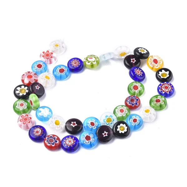20 perles millefiori en verre - rond plat - 10x4 mm