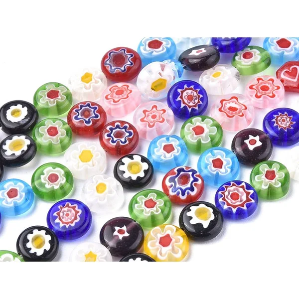 20 perles millefiori en verre - rond plat - 10x4 mm