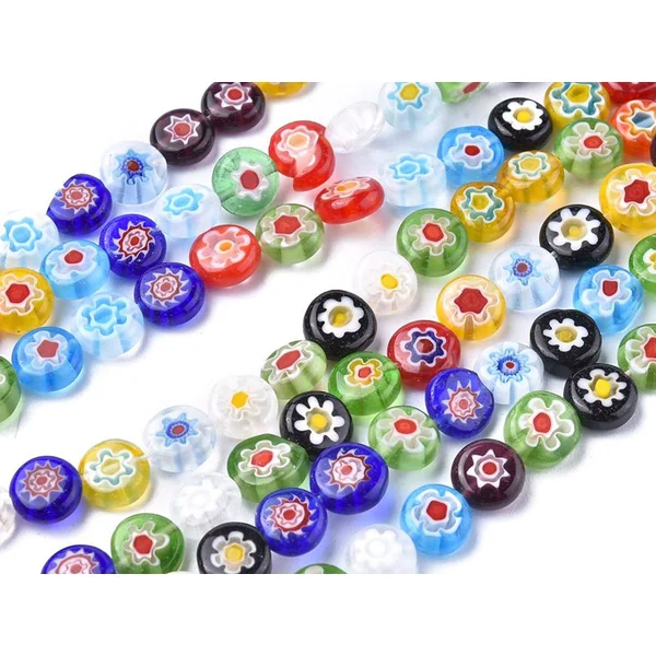 20 perles millefiori en verre - rond plat - 8x3 mm