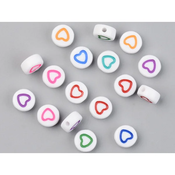 20 perles rondes en plastique - coeur - multicolore