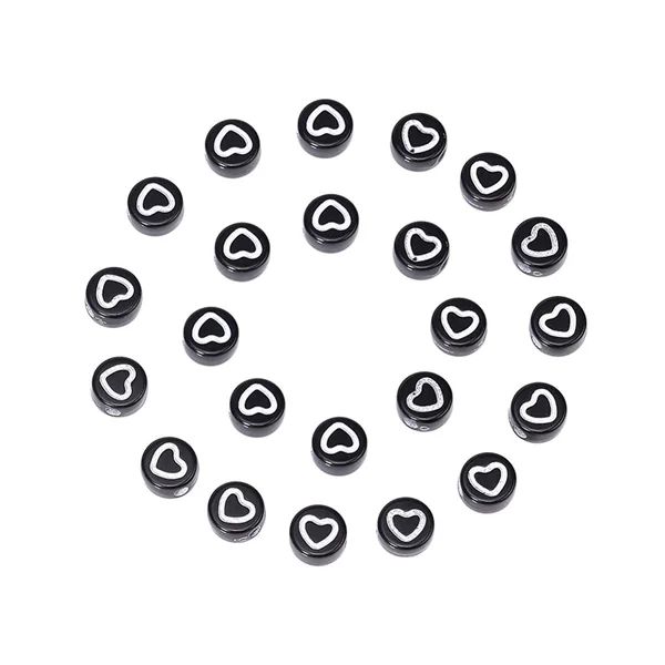 20 perles rondes en plastique - cœurs - noir et blanc