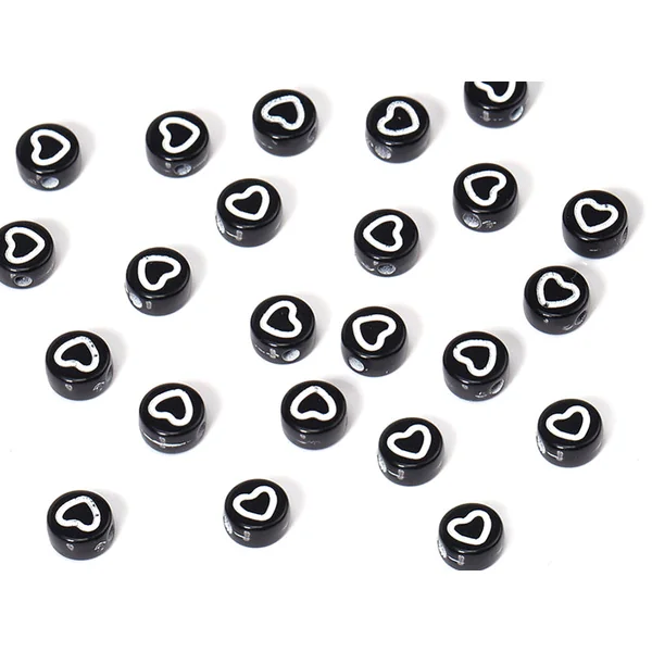 20 perles rondes en plastique - cœurs - noir et blanc
