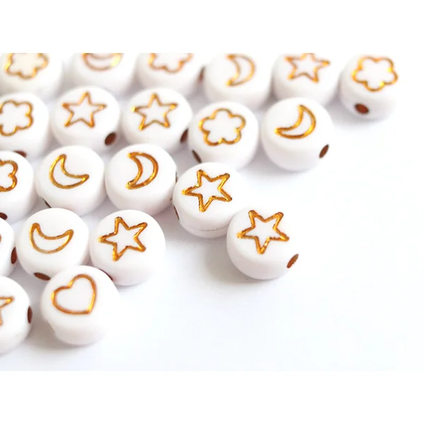 20 perles rondes en plastique - mix fleurs, étoiles et cœur - doré et blanc